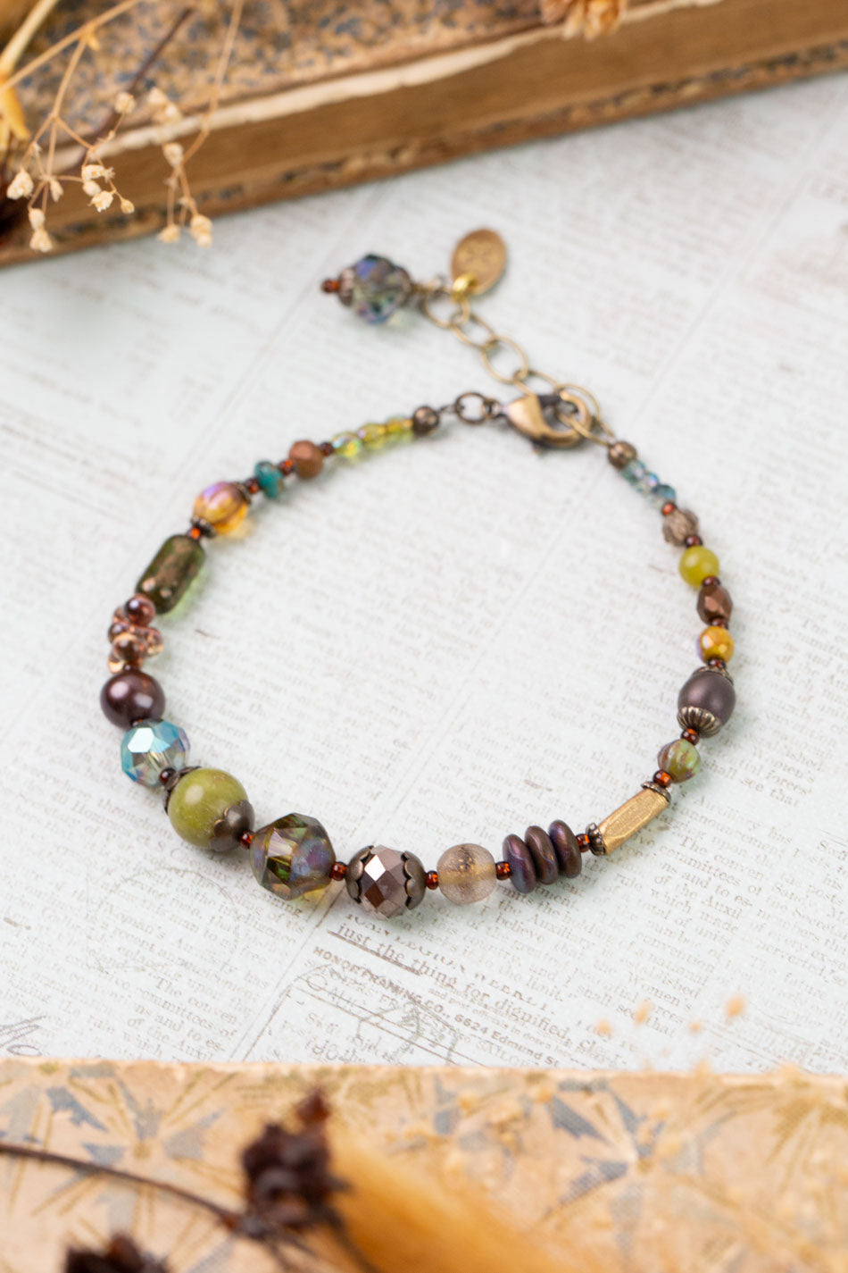 Crisp Autumn 7.5-8.5" Freshwater Pearl, Green Jade, Czech Glass Simple Bracelet