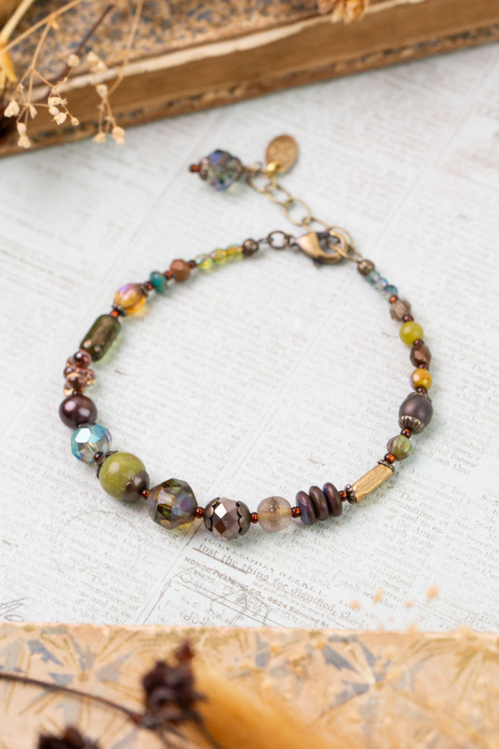 Crisp Autumn 7.5-8.5" Freshwater Pearl, Green Jade, Czech Glass Simple Bracelet