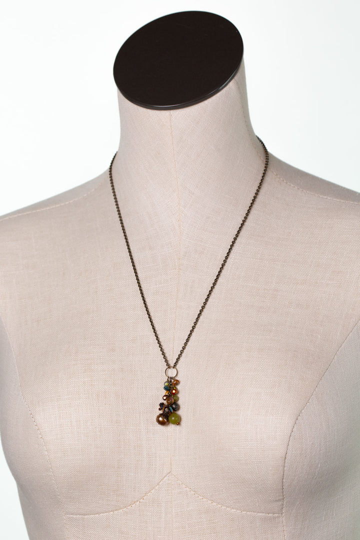 Crisp Autumn 22.5-24.5" Czech Glass, Freshwater Pearl, Green Jade Collage Necklace