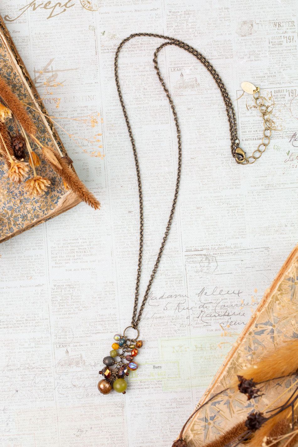 Crisp Autumn 22.5-24.5" Czech Glass, Freshwater Pearl, Green Jade Collage Necklace