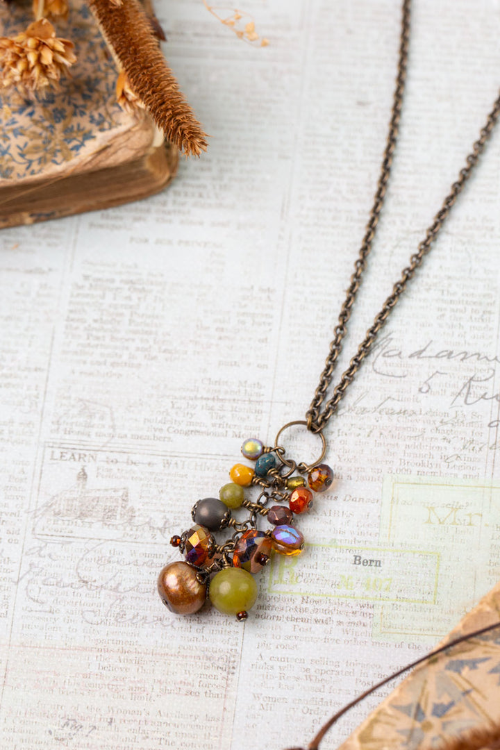 Crisp Autumn 22.5-24.5" Czech Glass, Freshwater Pearl, Green Jade Collage Necklace
