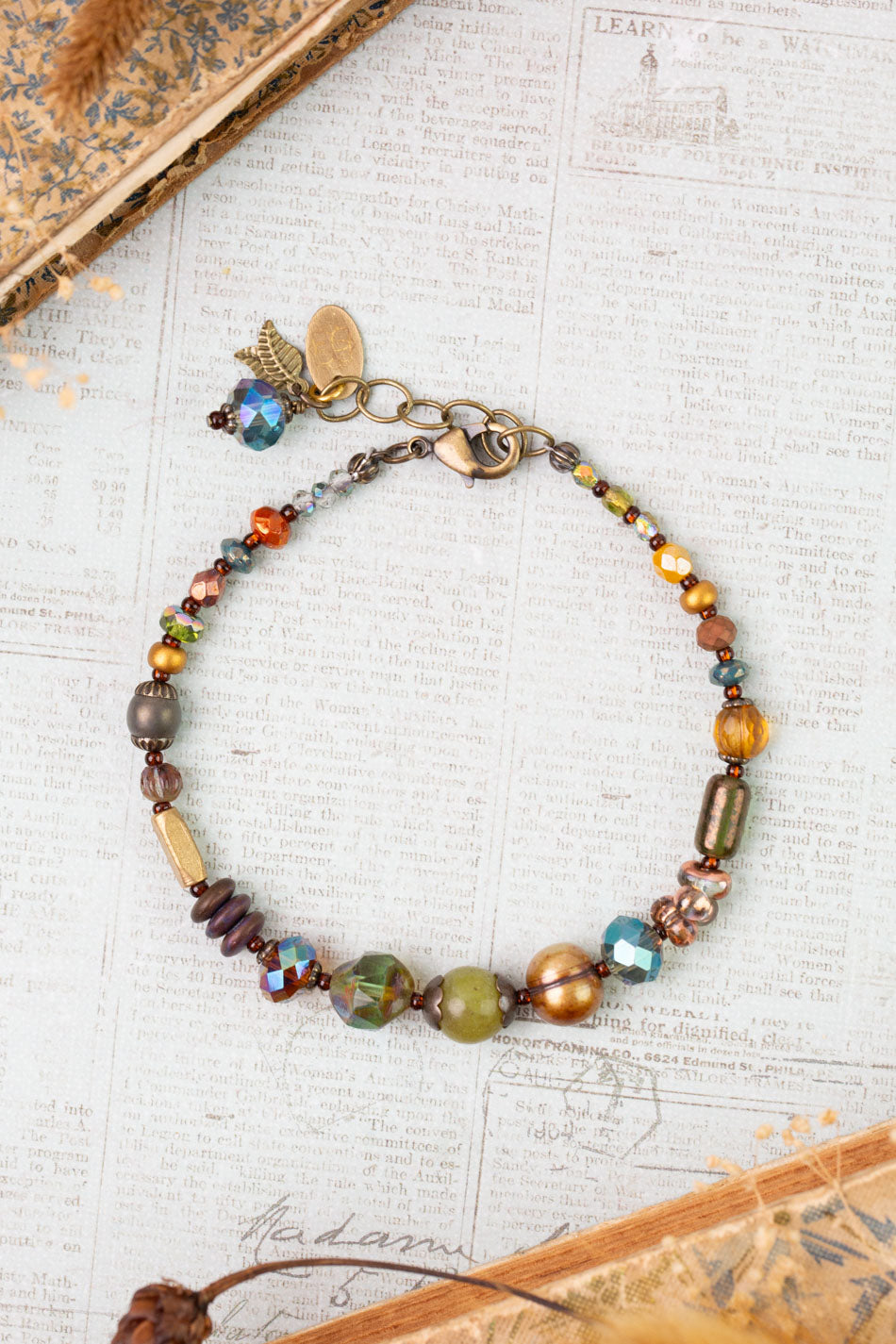 Crisp Autumn 7.5-8.5" Freshwater Pearl, Green Jade, Czech Glass Simple Bracelet