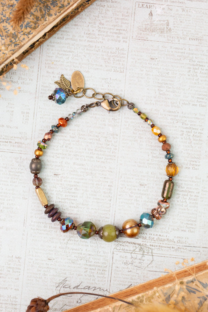 Crisp Autumn 7.5-8.5" Freshwater Pearl, Green Jade, Czech Glass Simple Bracelet