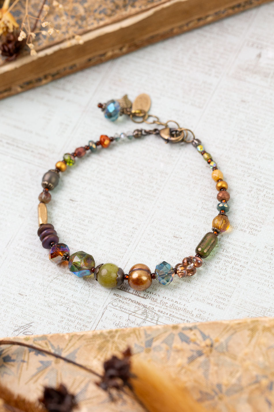 Crisp Autumn 7.5-8.5" Freshwater Pearl, Green Jade, Czech Glass Simple Bracelet