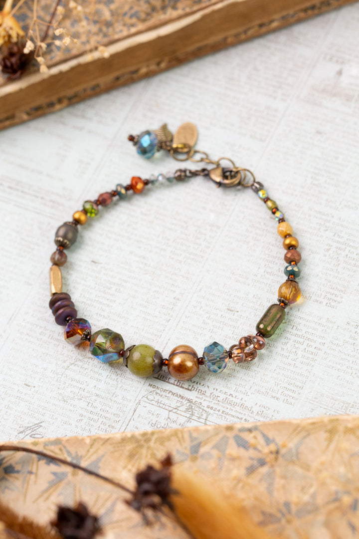 Crisp Autumn 7.5-8.5" Freshwater Pearl, Green Jade, Czech Glass Simple Bracelet