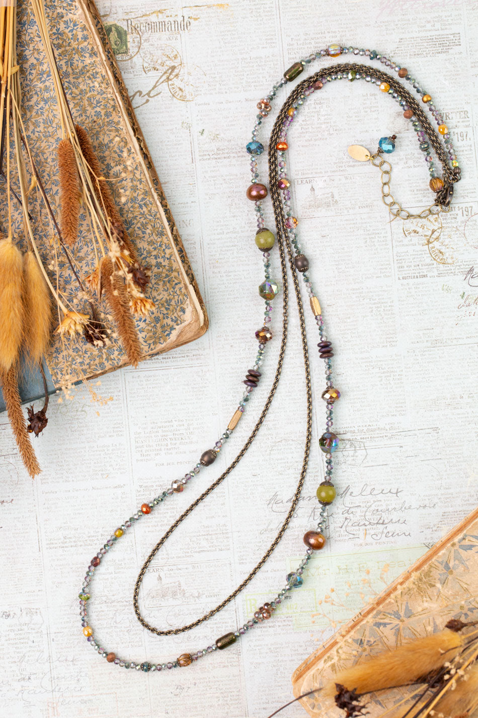 Crisp Autumn 29-31" Green Jade, Crystal, Freshwater Pearl Multistrand Necklace
