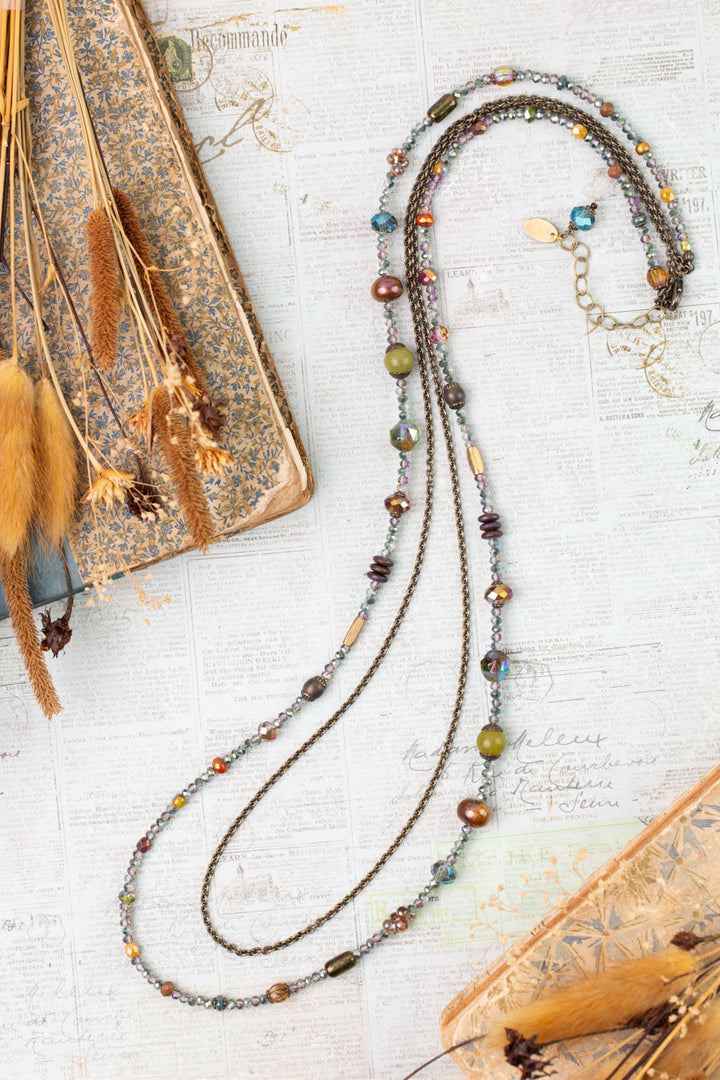 Crisp Autumn 29-31" Green Jade, Crystal, Freshwater Pearl Multistrand Necklace