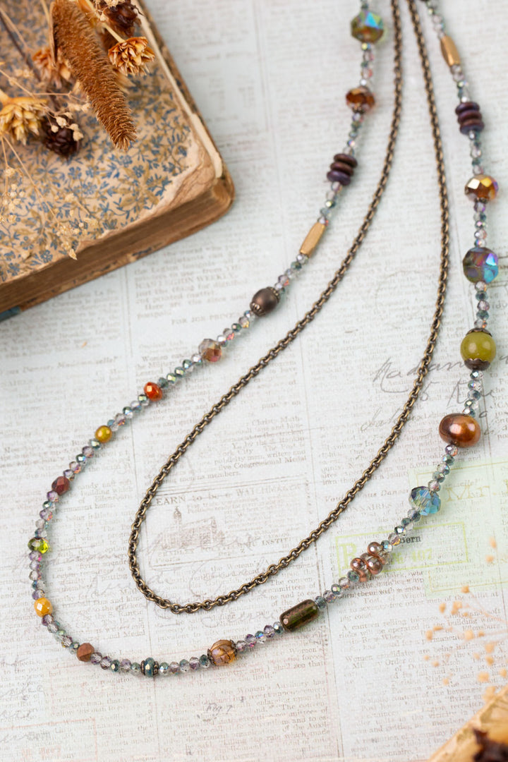 Crisp Autumn 29-31" Green Jade, Crystal, Freshwater Pearl Multistrand Necklace