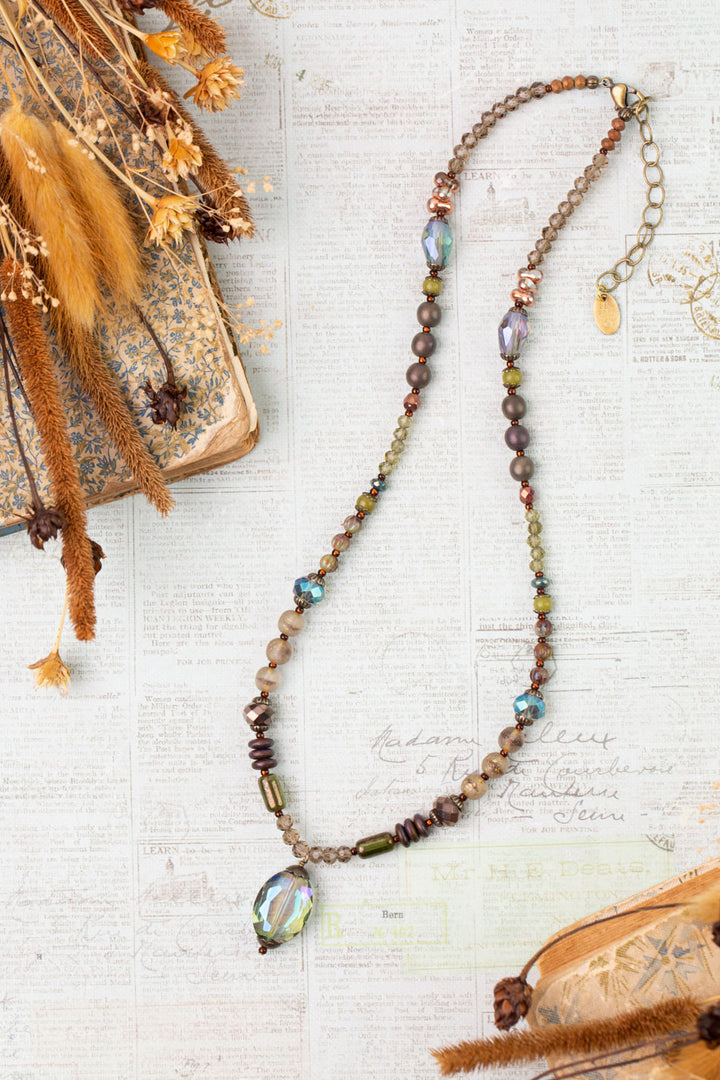 Crisp Autumn 17.5-19.5" Green Jade, Crystal, Czech Glass Statement Necklace