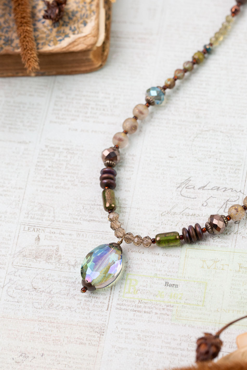 Crisp Autumn 17.5-19.5" Green Jade, Crystal, Czech Glass Statement Necklace