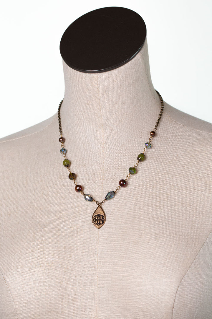 Crisp Autumn 17.5-19.5" Freshwater Pearl, Green Jade, Crystal Statement Necklace