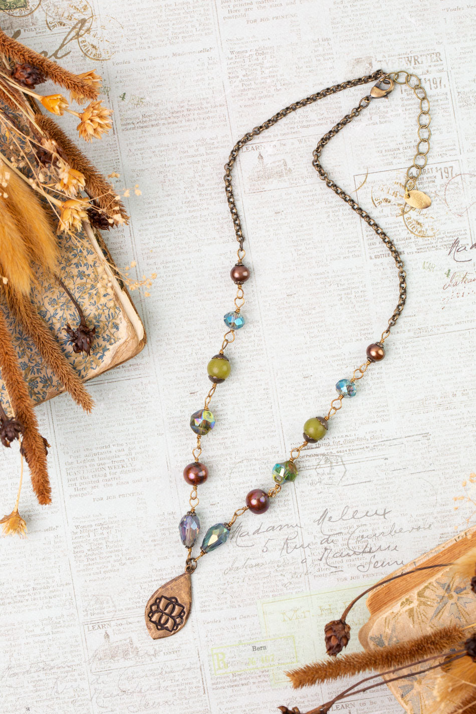 Crisp Autumn 17.5-19.5" Freshwater Pearl, Green Jade, Crystal Statement Necklace