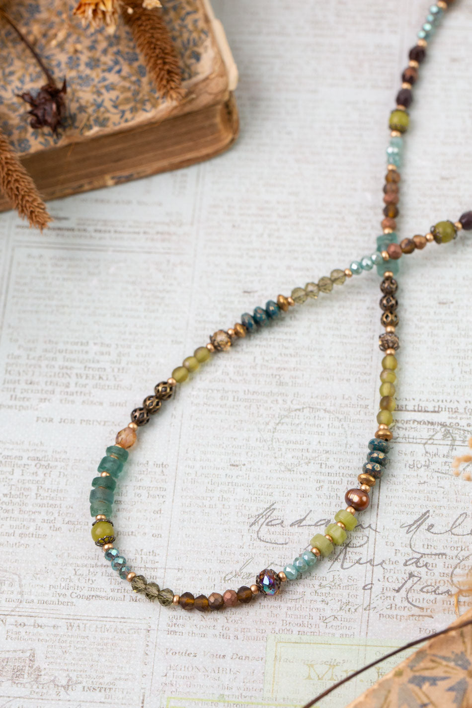 Crisp Autumn 17-19" Roman Glass, Green Jade, Czech Glass Simple Necklace