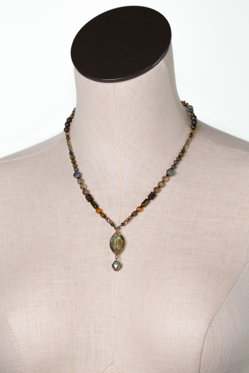 Crisp Autumn 17.25-19.25" Czech Glass, Green Jade, Crystal Statement Necklace