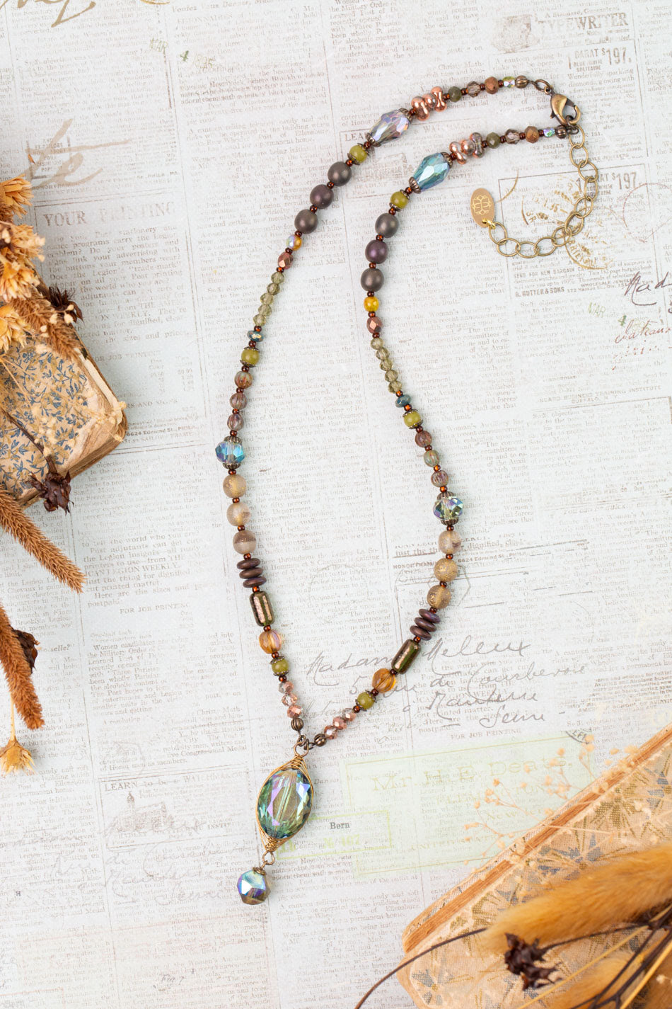 Crisp Autumn 17.25-19.25" Czech Glass, Green Jade, Crystal Statement Necklace