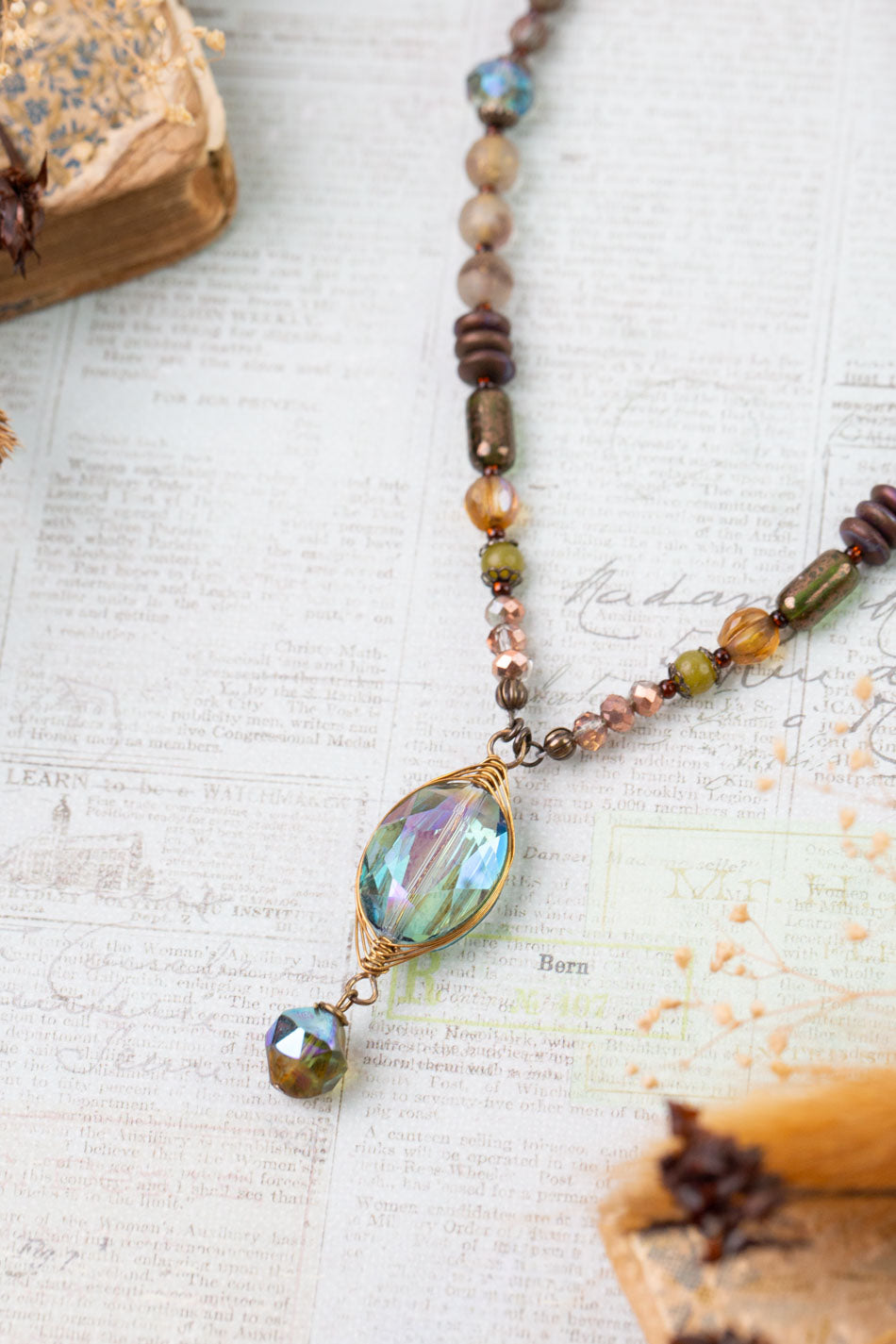 Crisp Autumn 17.25-19.25" Czech Glass, Green Jade, Crystal Statement Necklace