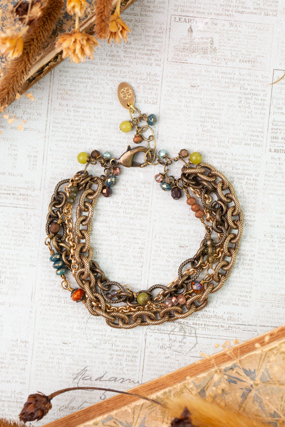 Crisp Autumn 7.5-8.5" Czech Glass, Green Jade, Crystal Multistrand Bracelet
