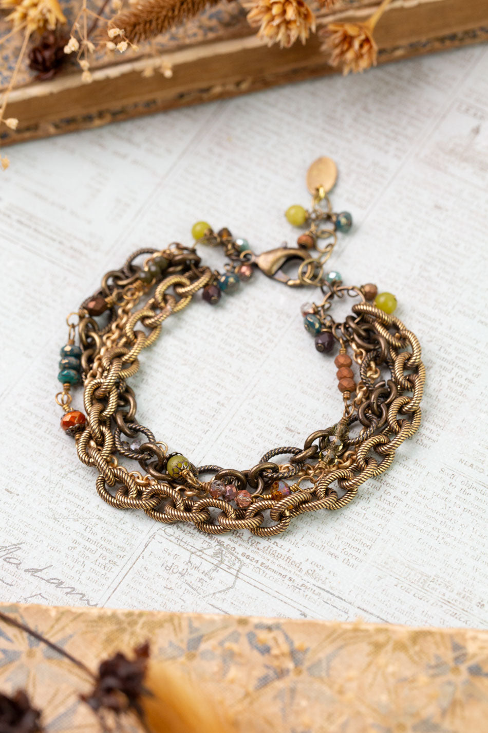 Crisp Autumn 7.5-8.5" Czech Glass, Green Jade, Crystal Multistrand Bracelet