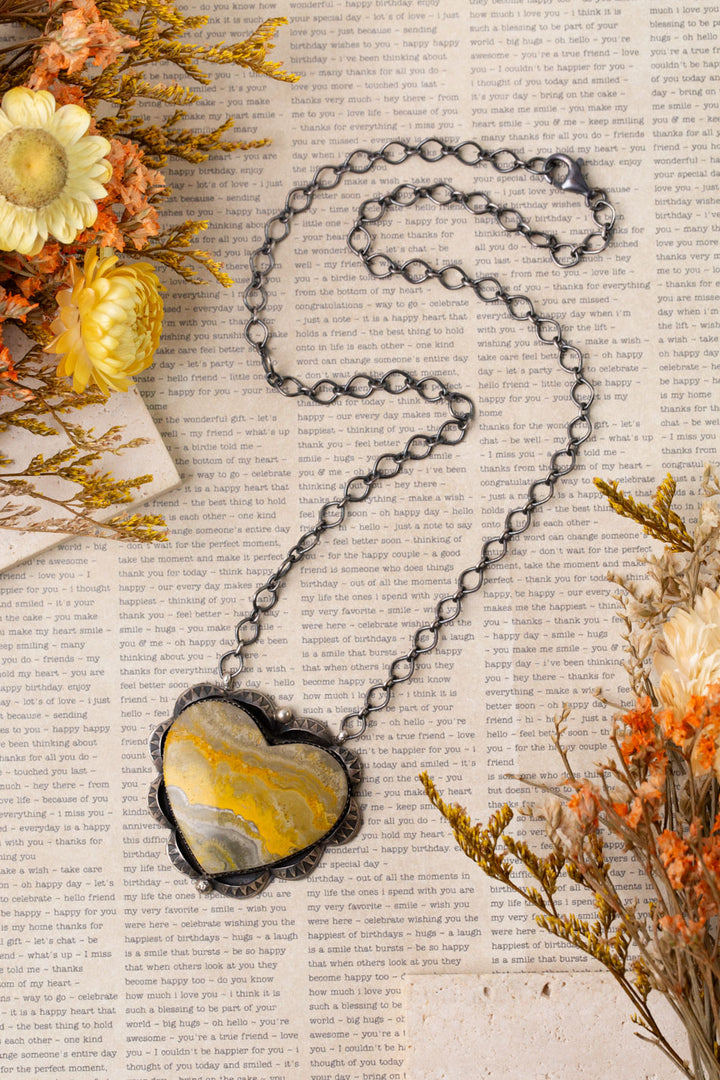 Tia Long Navajo 19" Bumblebee Jasper Heart Statement Necklace