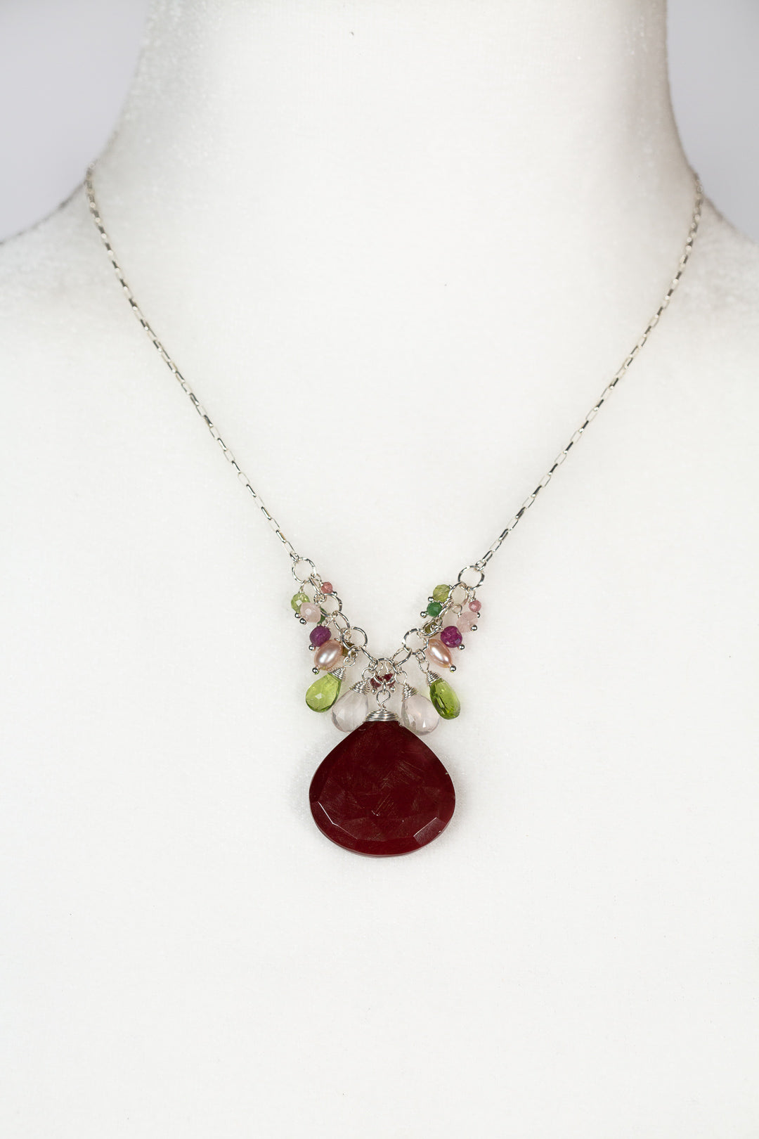 Orchid 16-18" Rose Quartz, Peridot, Ruby With Pink Opal Statement Necklace