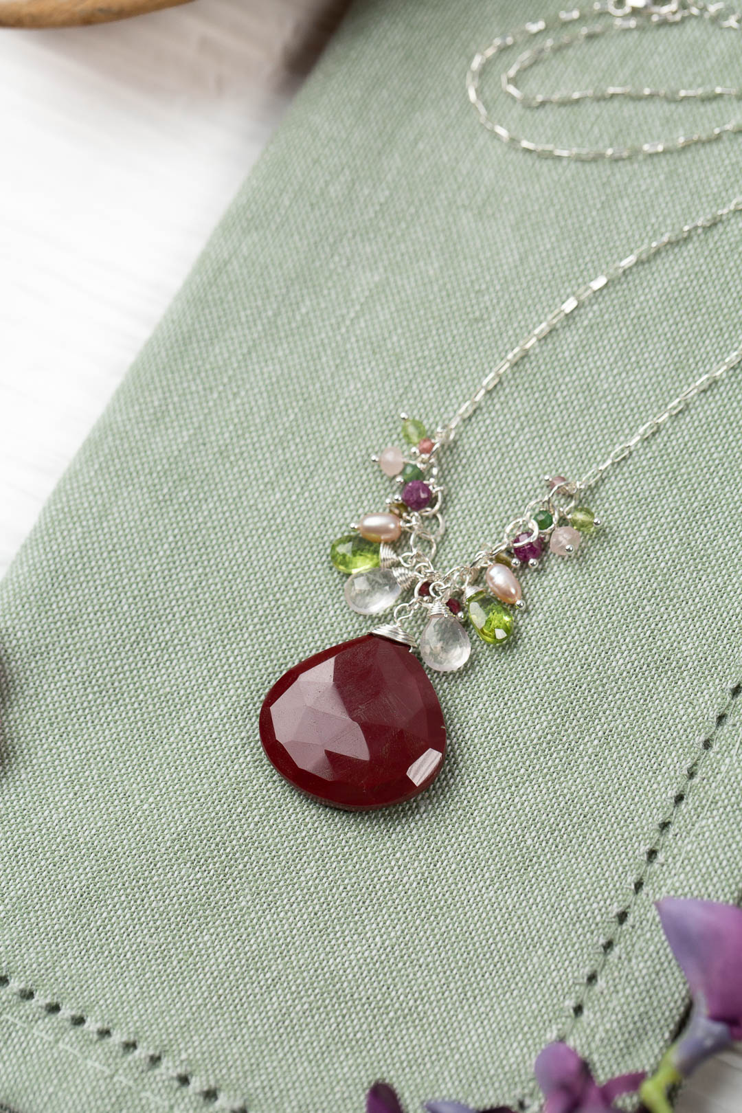 Orchid 16-18" Rose Quartz, Peridot, Ruby With Pink Opal Statement Necklace