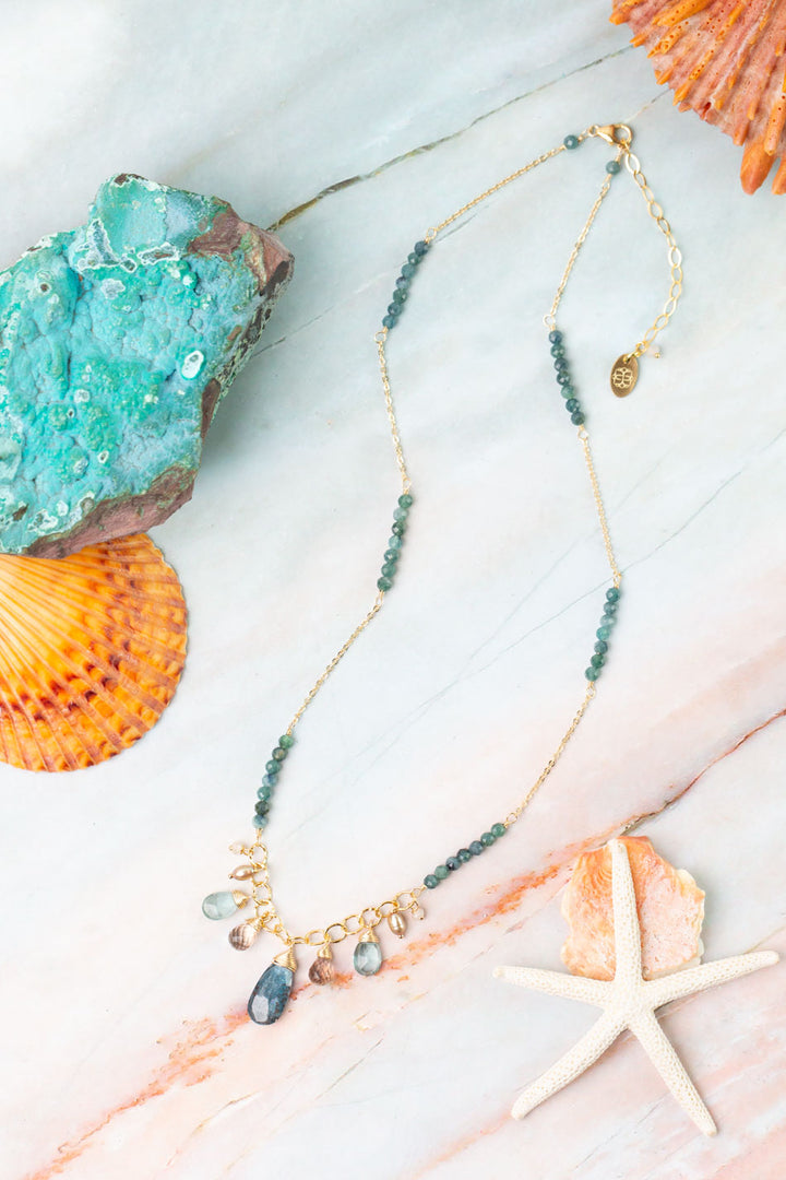 Ocean Waves 18-20" Smokey Quartz, Blue Tourmaline, Pearl Cluster Necklace