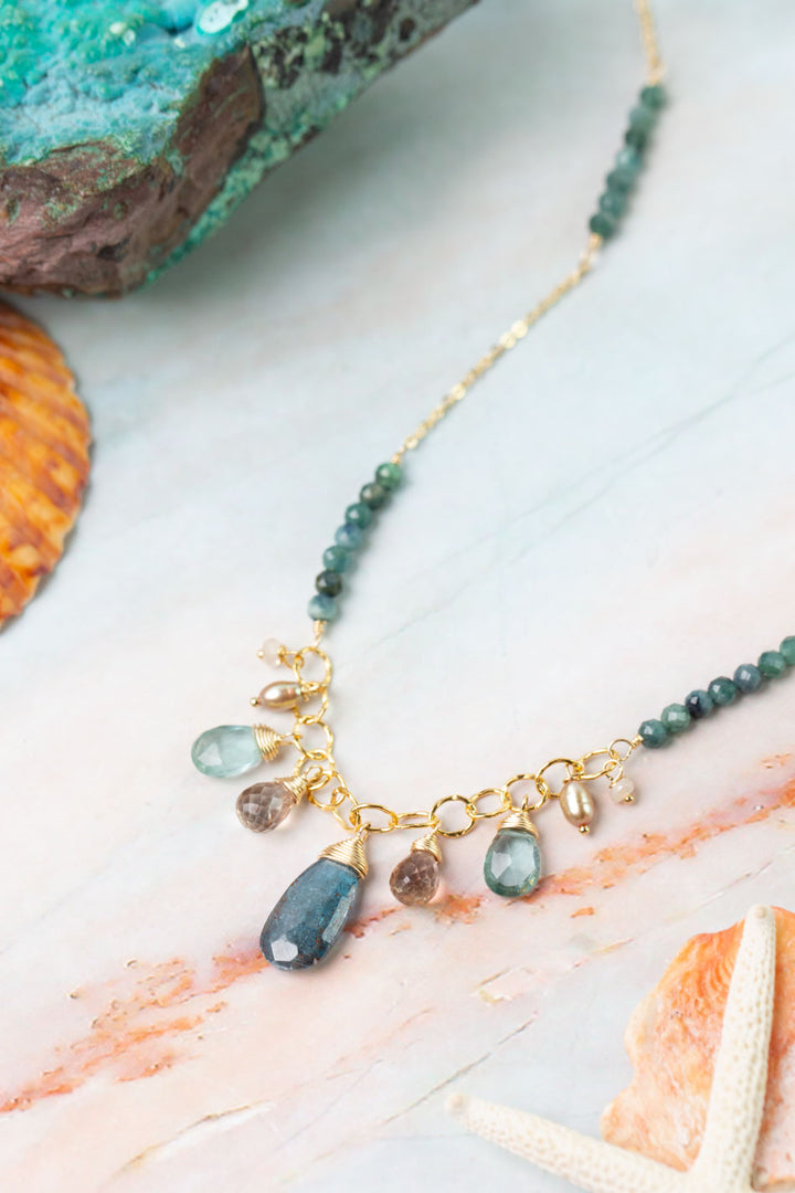Ocean Waves 18-20" Smokey Quartz, Blue Tourmaline, Pearl Cluster Necklace