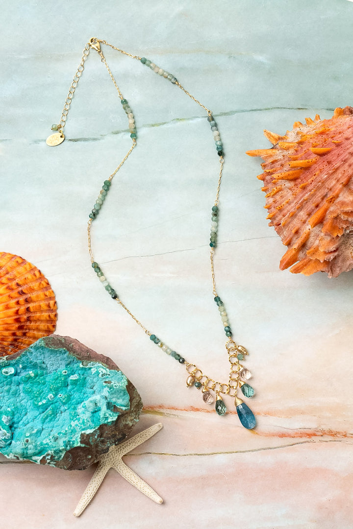 Ocean Waves 18-20" Topaz, Pearl, Grandidierite With Kyanite Cluster Necklace