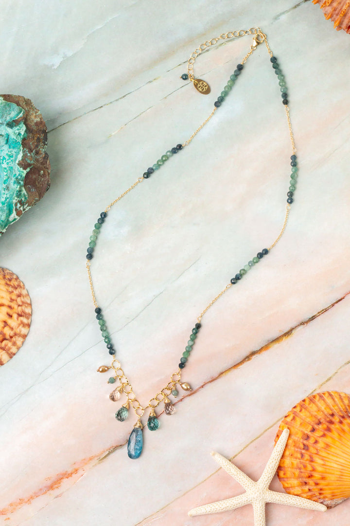 Ocean Waves 18-20" Topaz, Pearl, Grandidierite With Kyanite Cluster Necklace