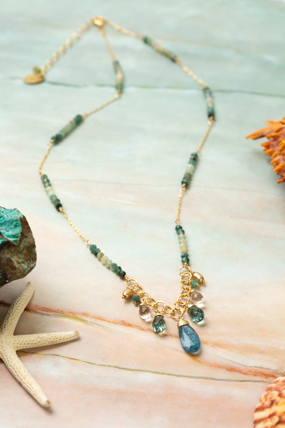 Ocean Waves 18-20" Topaz, Pearl, Grandidierite With Kyanite Cluster Necklace