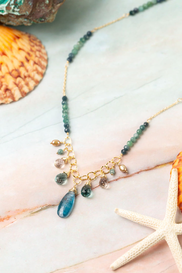 Ocean Waves 18-20" Topaz, Pearl, Grandidierite With Kyanite Cluster Necklace