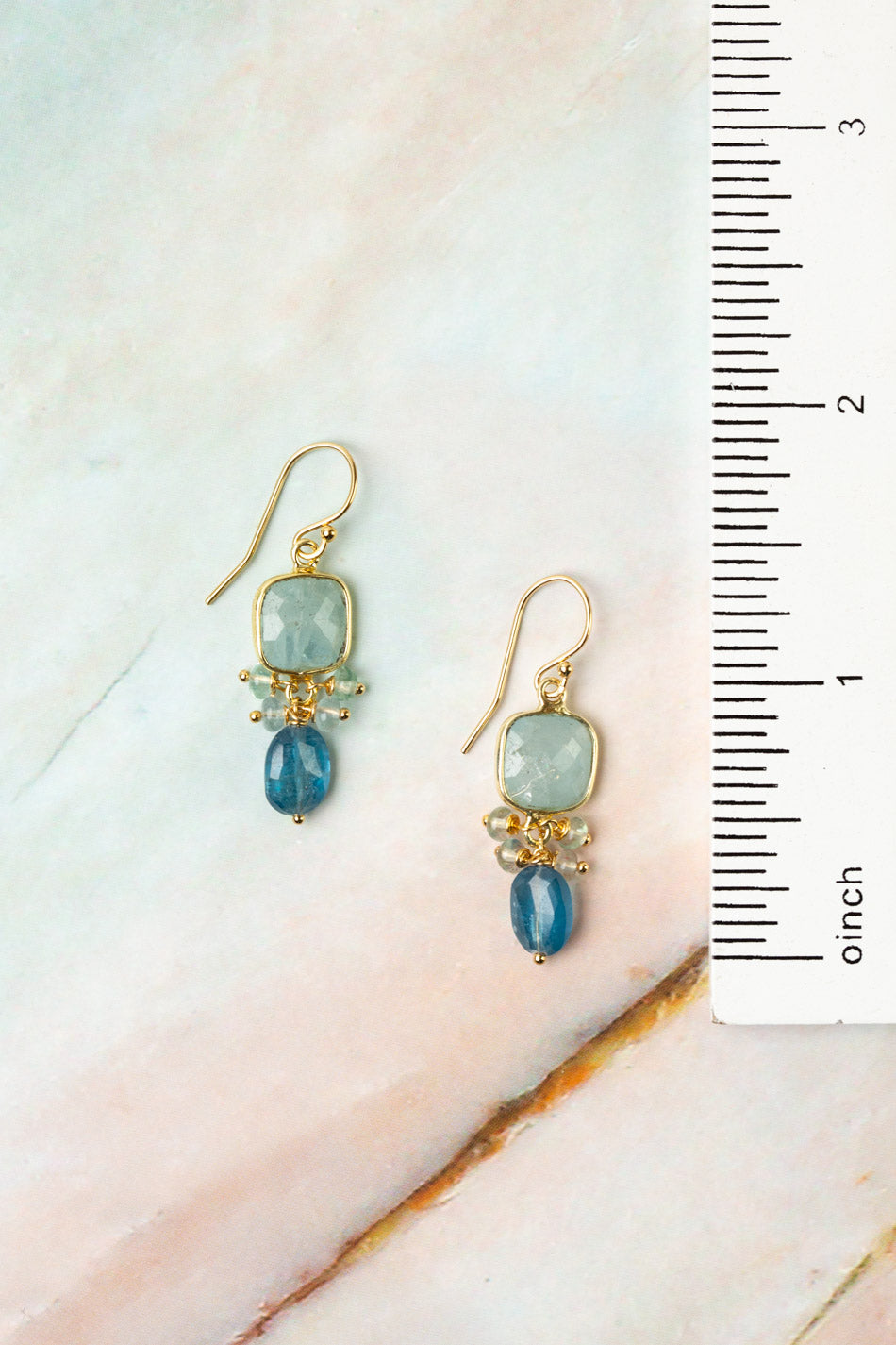 Ocean Waves Kyanite, Aquamarine Bezel, Taupe Chalcedony Dangle Earrings