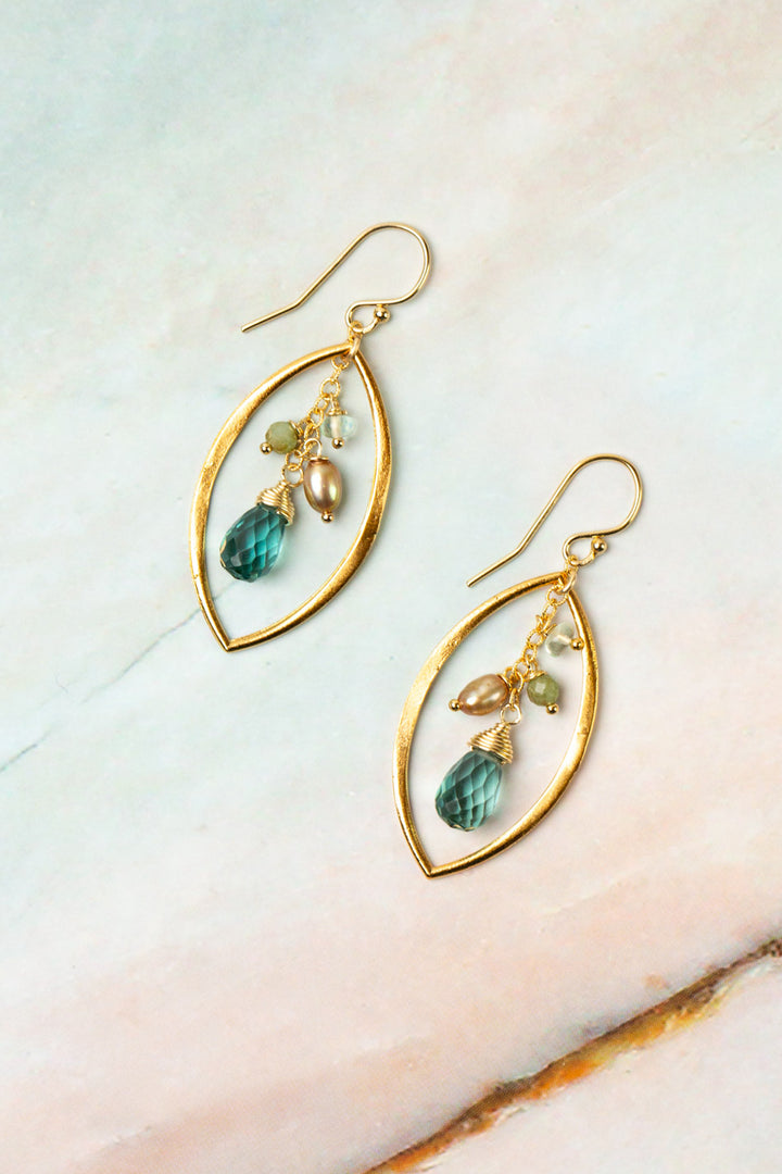 Ocean Waves Blue Quartz, Freshwater Pearl, Fluorite Cluster Earrings