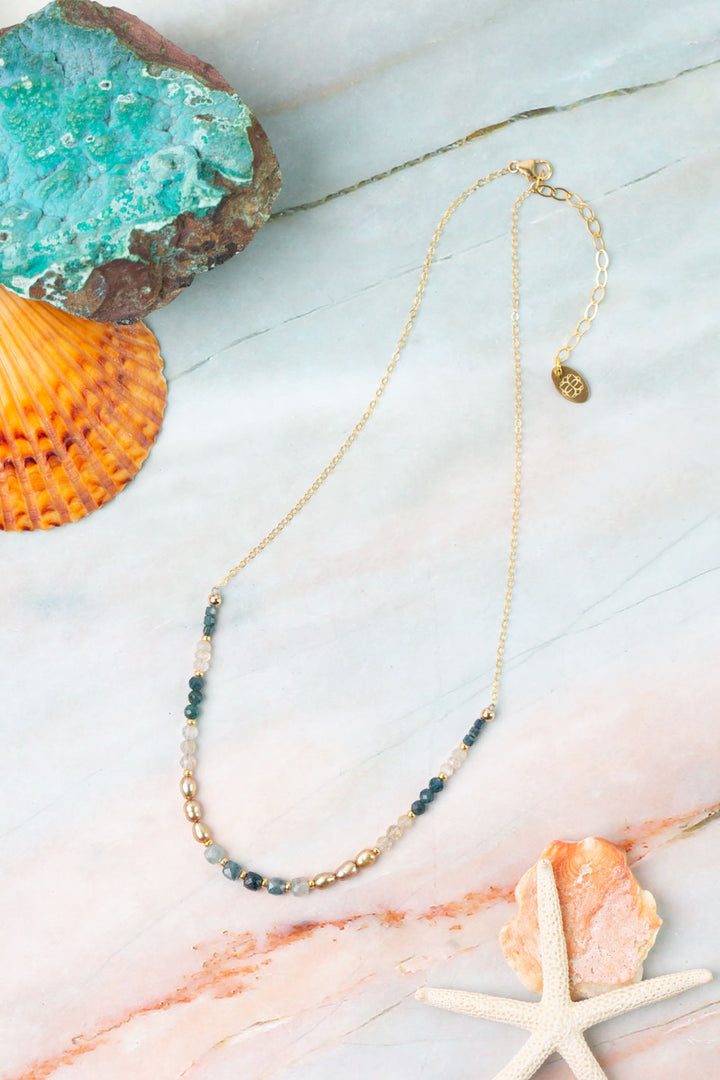 Ocean Waves 15-17" Taupe Chalcedony, Blue Tourmaline, Freshwater Pearl Simple Necklace