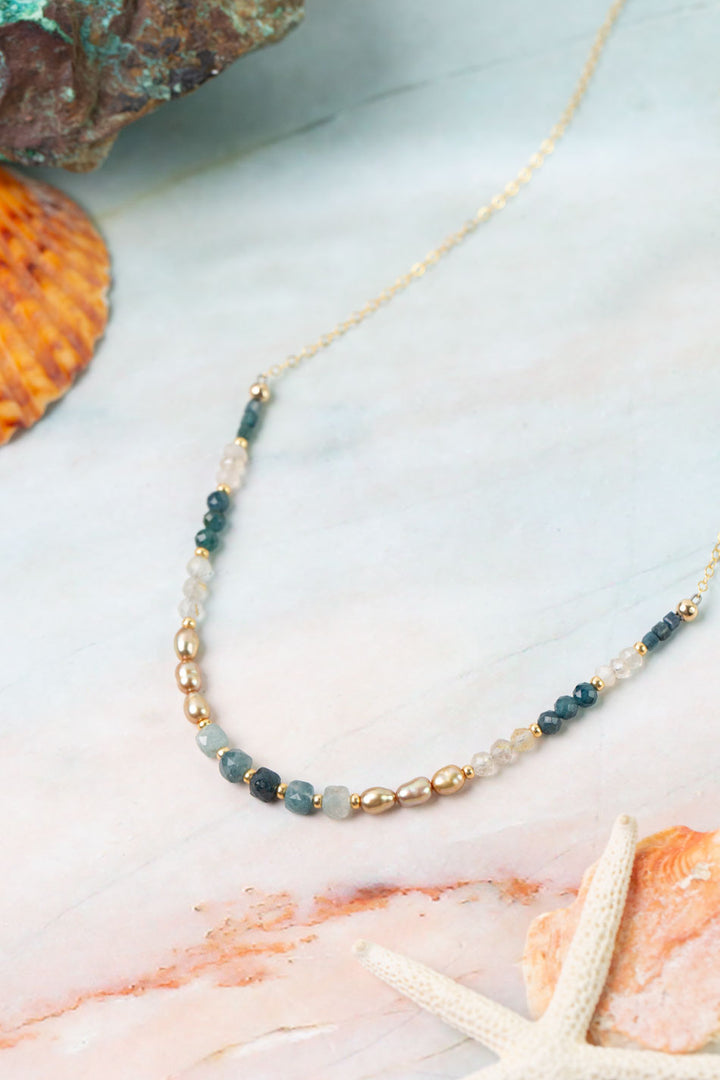 Ocean Waves 15-17" Taupe Chalcedony, Blue Tourmaline, Freshwater Pearl Simple Necklace
