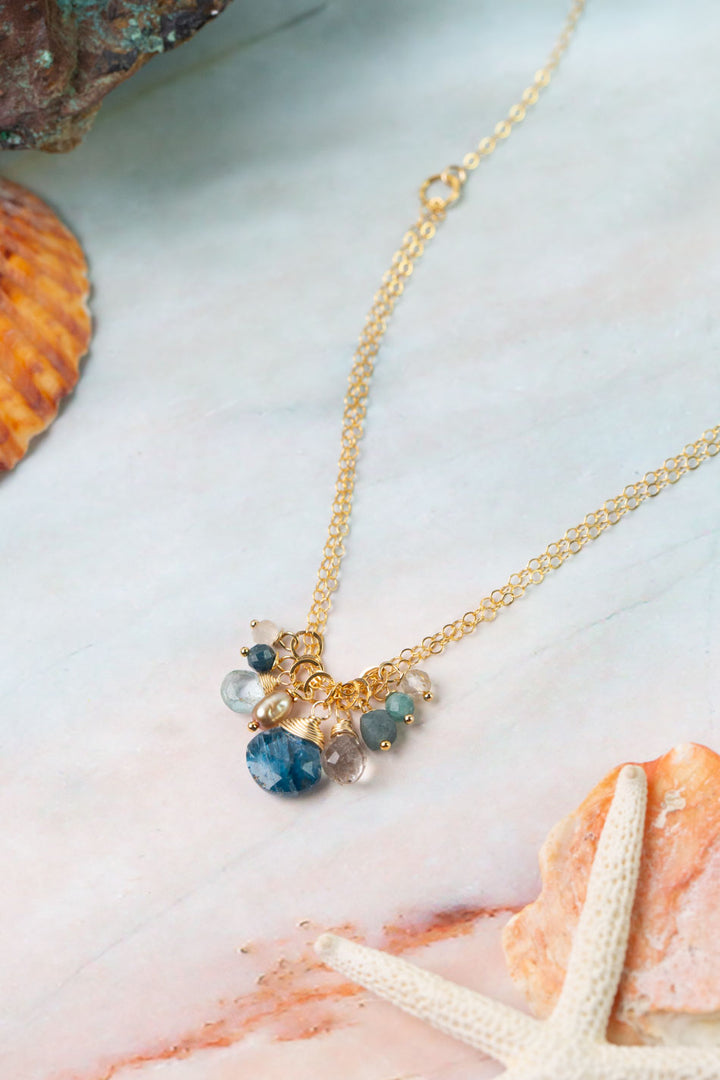 Ocean Waves 16-18" Kyanite, Blue Tourmaline, Freshwater Pearl Cluster Necklace