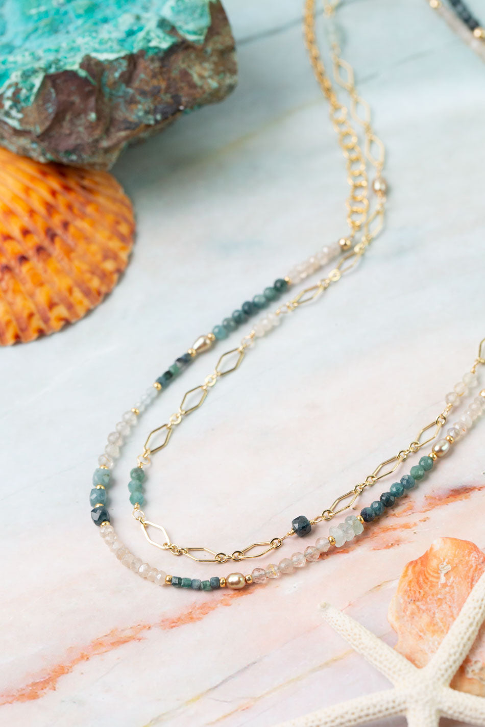 Ocean Waves 56-58" Taupe Chalcedony, Blue Tourmaline, Sapphire Collage Necklace