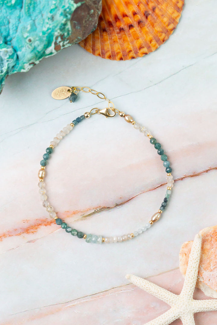 Ocean Waves 7.5-8.5" Taupe Chalcedony, Blue Tourmaline, Freshwater Pearl Simple Bracelet