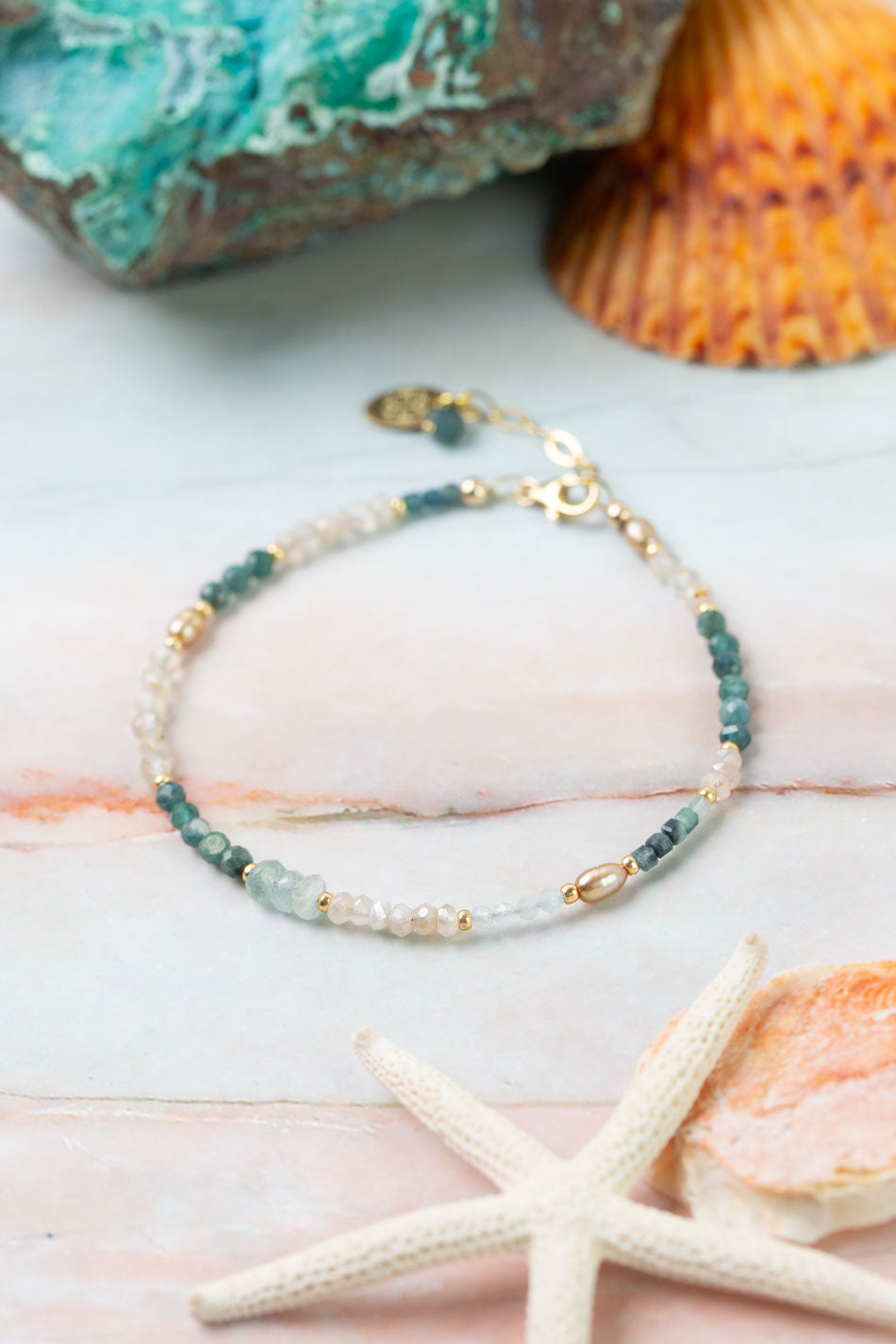 Ocean Waves 7.5-8.5" Taupe Chalcedony, Blue Tourmaline, Freshwater Pearl Simple Bracelet