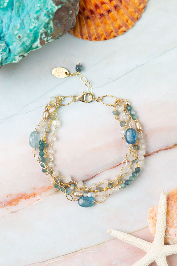 Ocean Waves 7.5-8.5" Taupe Chalcedony, Blue Tourmaline, Kyanite Multistrand Bracelet