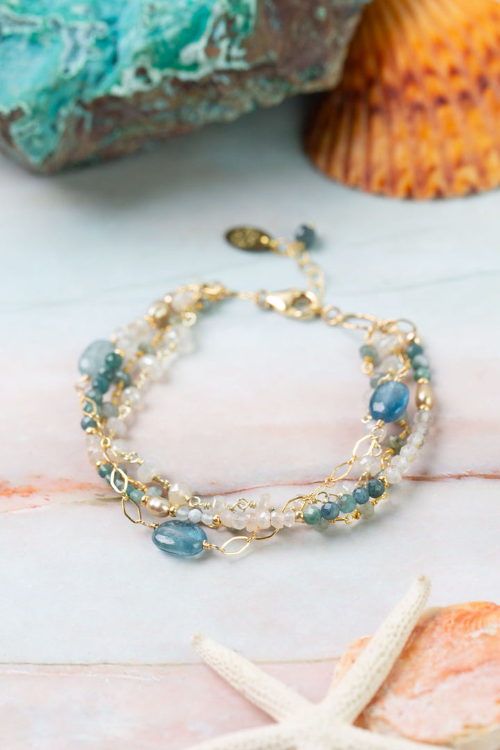 Ocean Waves 7.5-8.5" Taupe Chalcedony, Blue Tourmaline, Kyanite Multistrand Bracelet