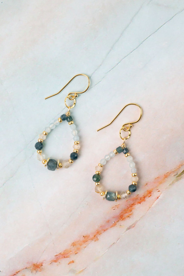 Ocean Waves Taupe Chalcedony, Blue Tourmaline, Sapphire Hoop Earrings
