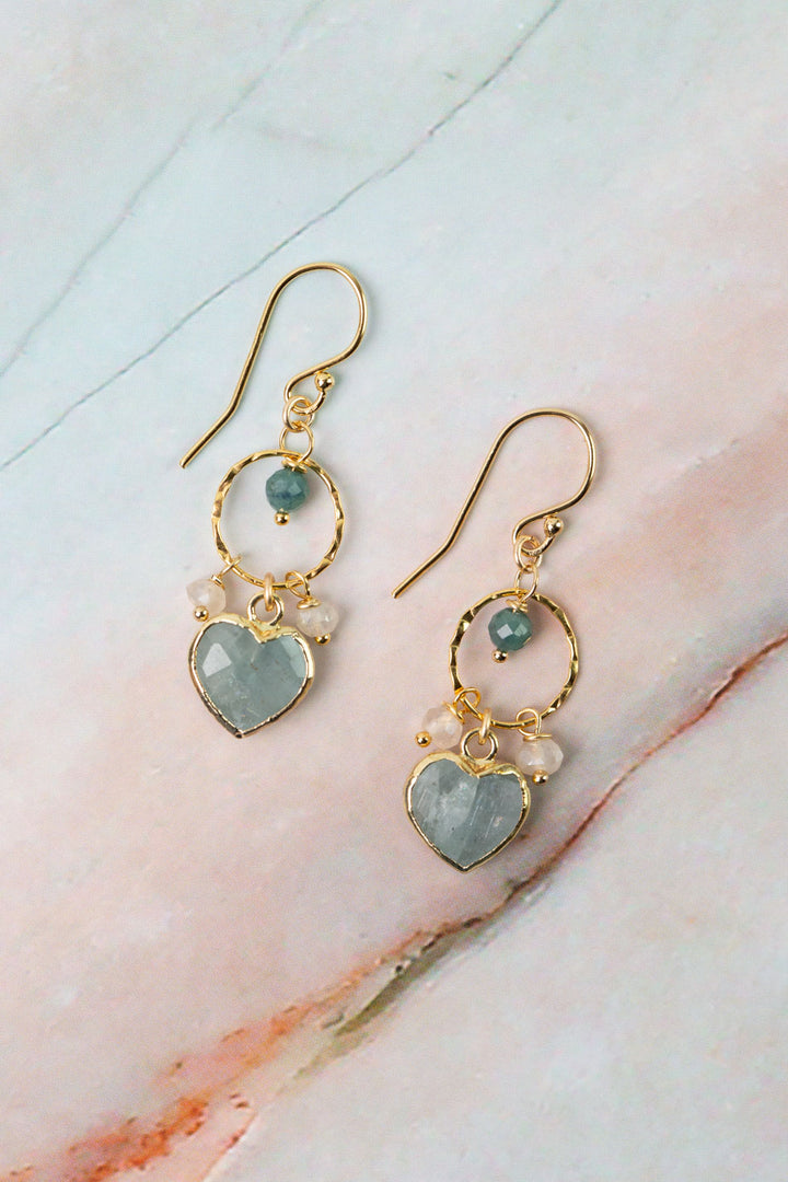 Ocean Waves Chalcedony, Blue Tourmaline, Aquamarine Heart Dangle Earrings