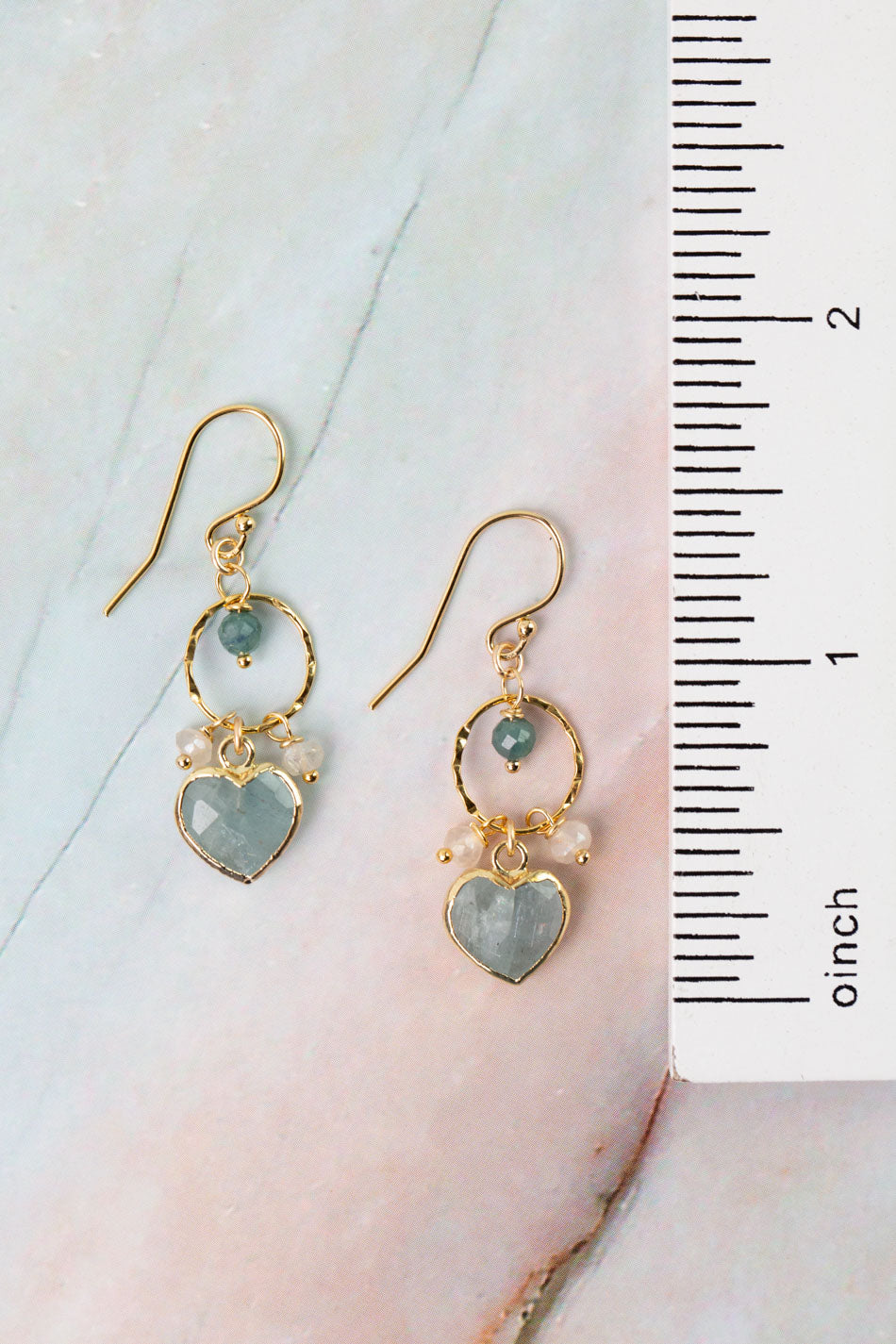 Ocean Waves Chalcedony, Blue Tourmaline, Aquamarine Heart Dangle Earrings