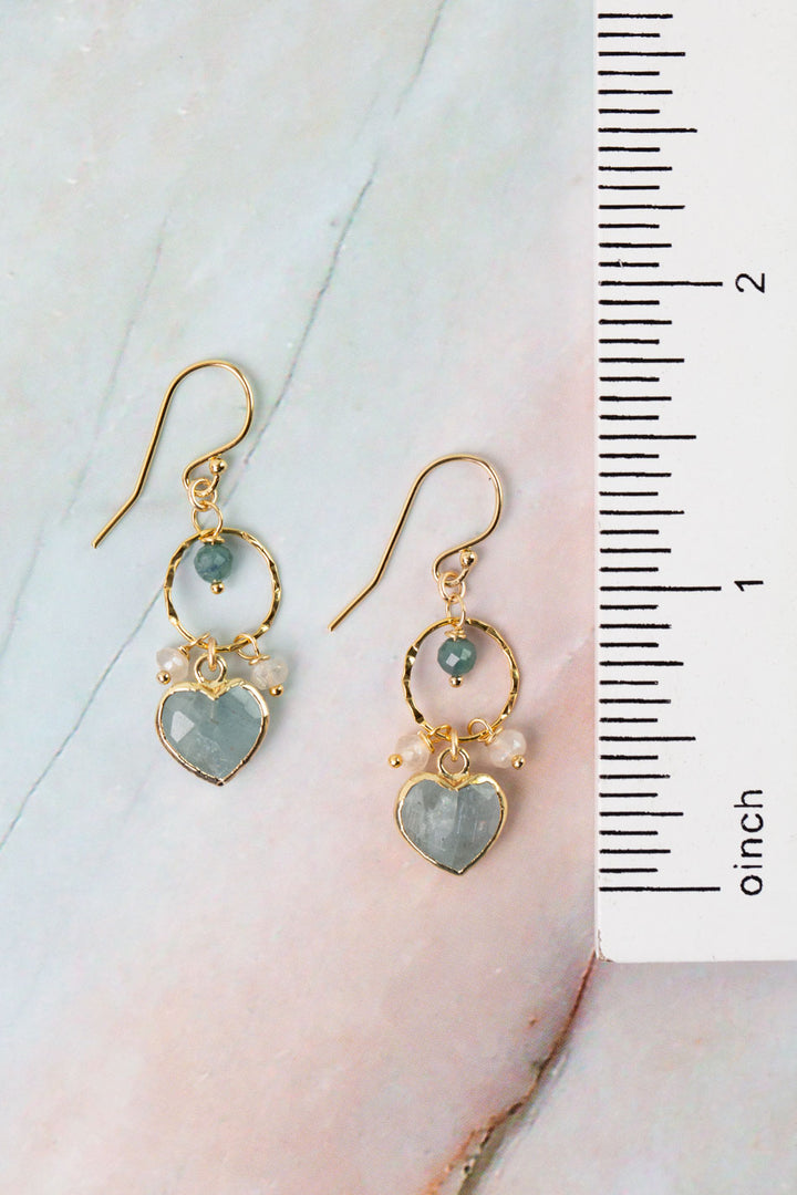 Ocean Waves Chalcedony, Blue Tourmaline, Aquamarine Heart Dangle Earrings