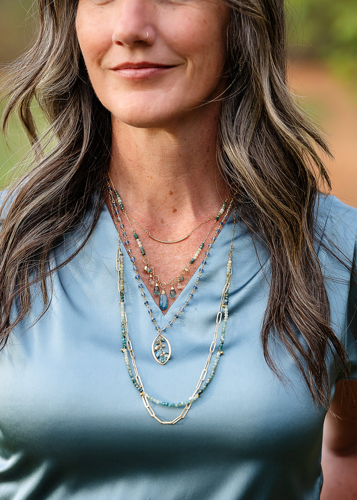Ocean Waves 21.5-23.5" Kyanite, Gemstone Chain, Blue Quartz, Freshwater Pearl Tassel Necklace
