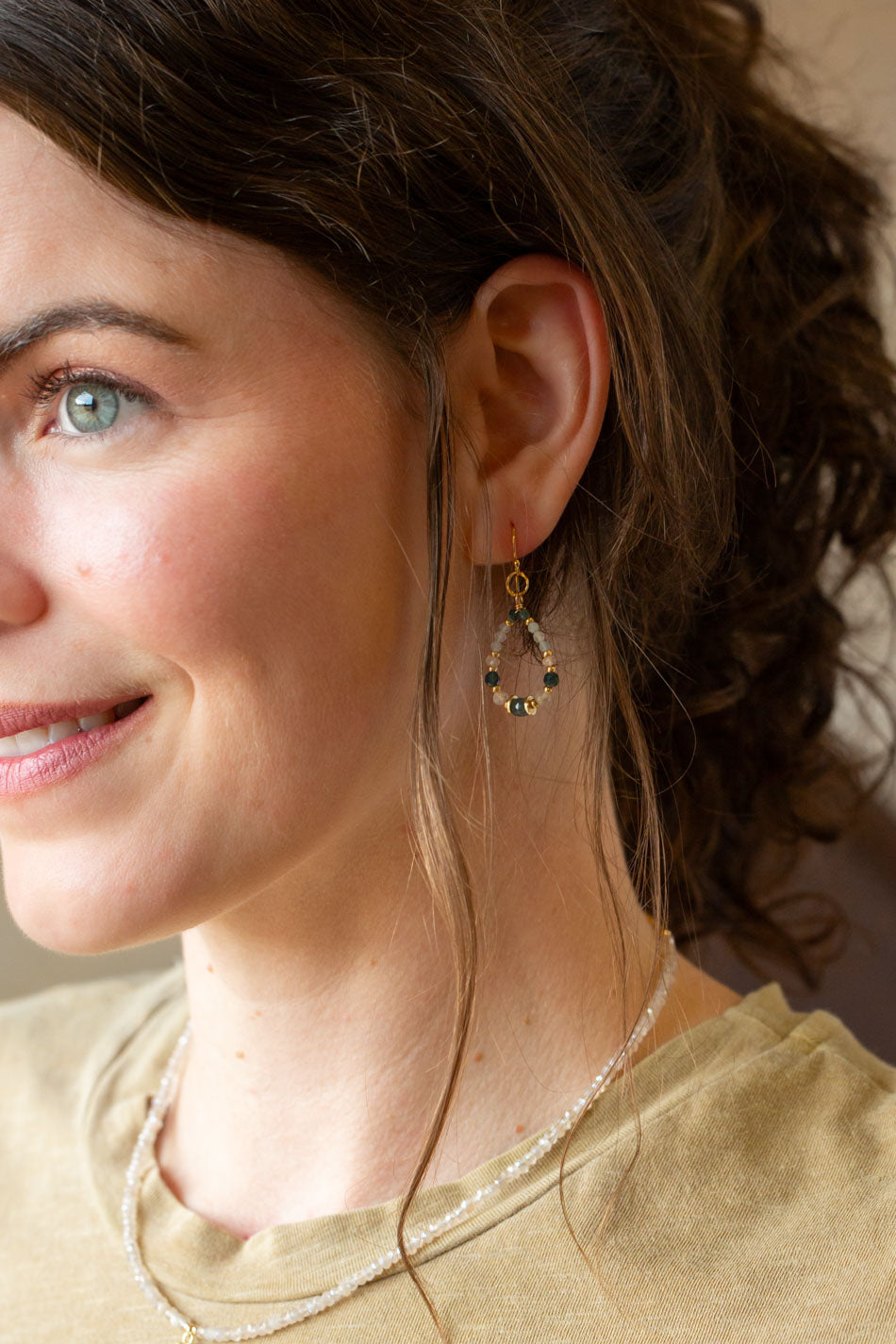 Ocean Waves Taupe Chalcedony, Blue Tourmaline, Sapphire Hoop Earrings
