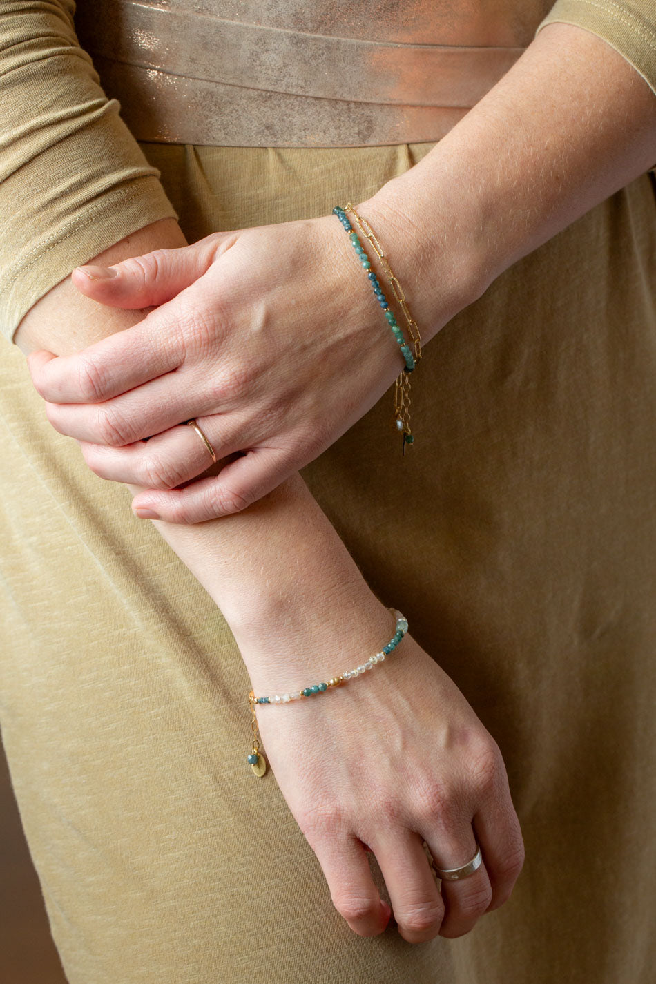 Ocean Waves 7.5-8.5" Taupe Chalcedony, Blue Tourmaline, Freshwater Pearl Simple Bracelet