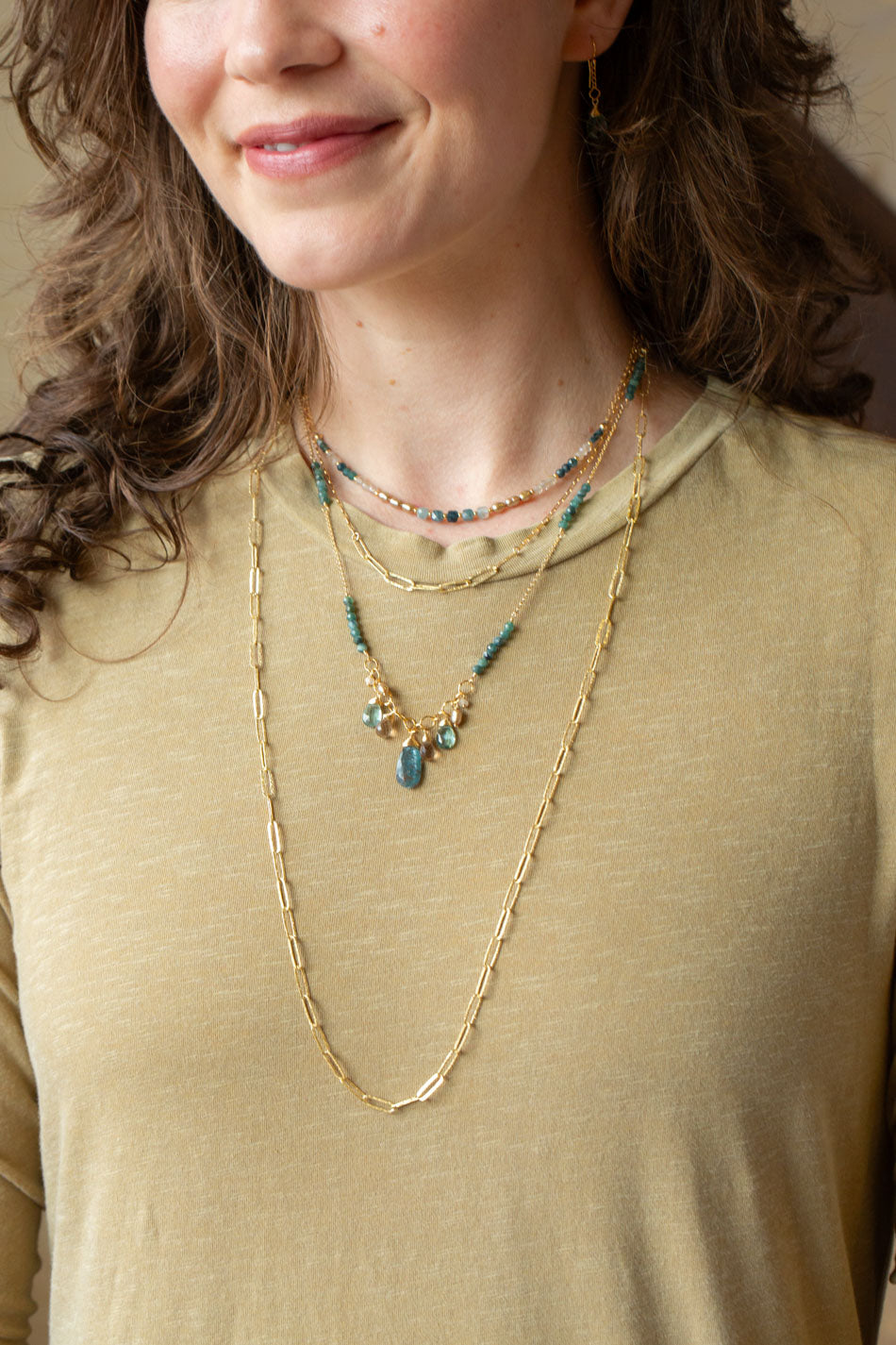 Ocean Waves 15-17" Taupe Chalcedony, Blue Tourmaline, Freshwater Pearl Simple Necklace