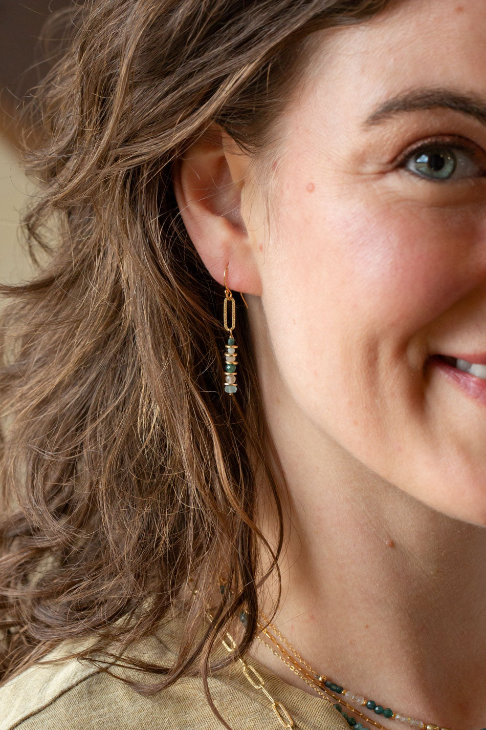 Ocean Waves Taupe Chalcedony, Blue Tourmaline Dangle Earrings